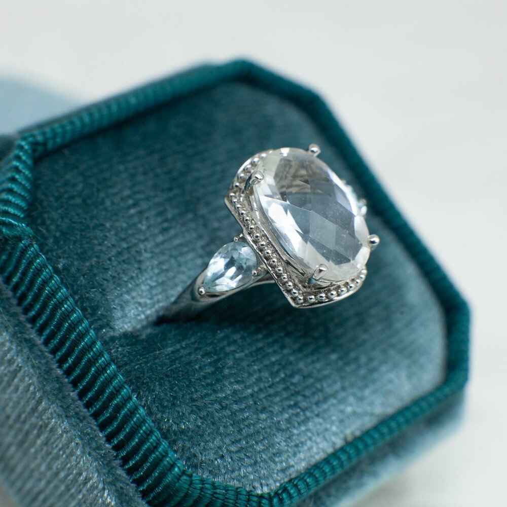 Vintage Sterling Silver Statement Ring Clear Center Stone Blue Side Stones